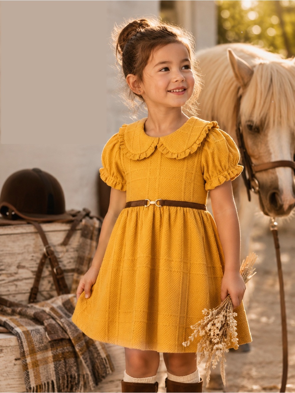 NWOT Janie and Jack Equestrian Collared Dress, Harvest Moon, Suede Brown Belt